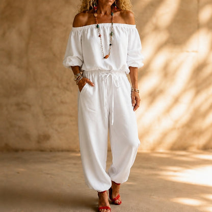 Off Shoulder Puff Sleeve Jumpsuit
