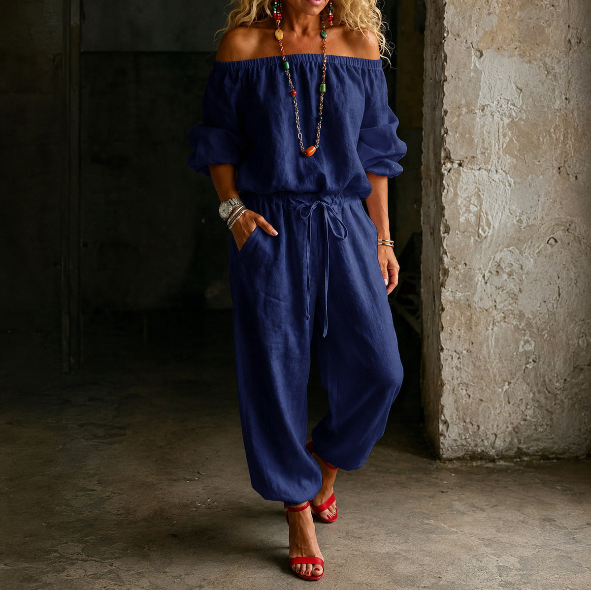 Off Shoulder Puff Sleeve Jumpsuit