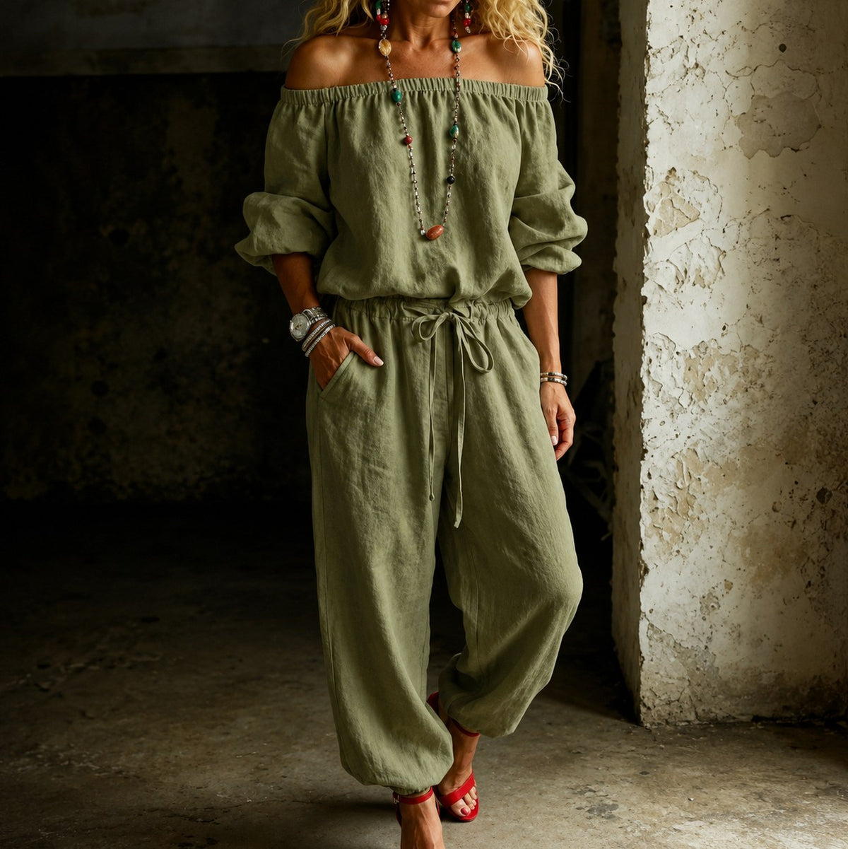 Off Shoulder Puff Sleeve Jumpsuit