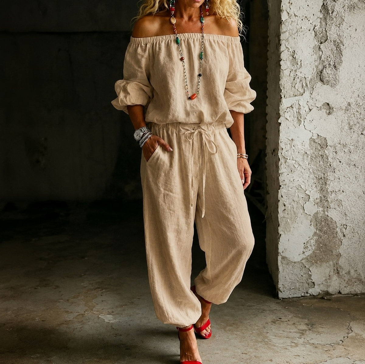 Off Shoulder Puff Sleeve Jumpsuit
