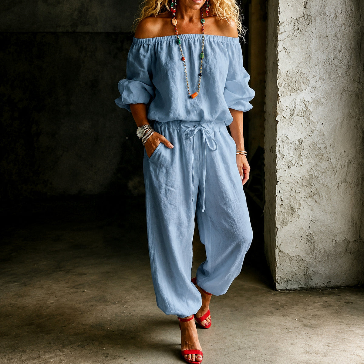 Off Shoulder Puff Sleeve Jumpsuit