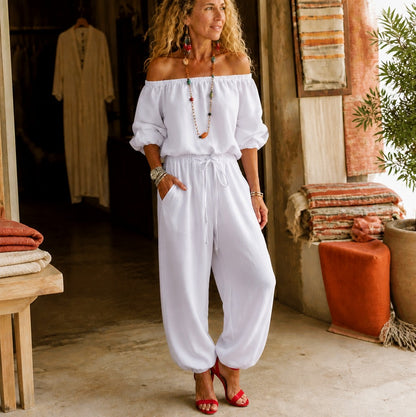 Off Shoulder Puff Sleeve Jumpsuit