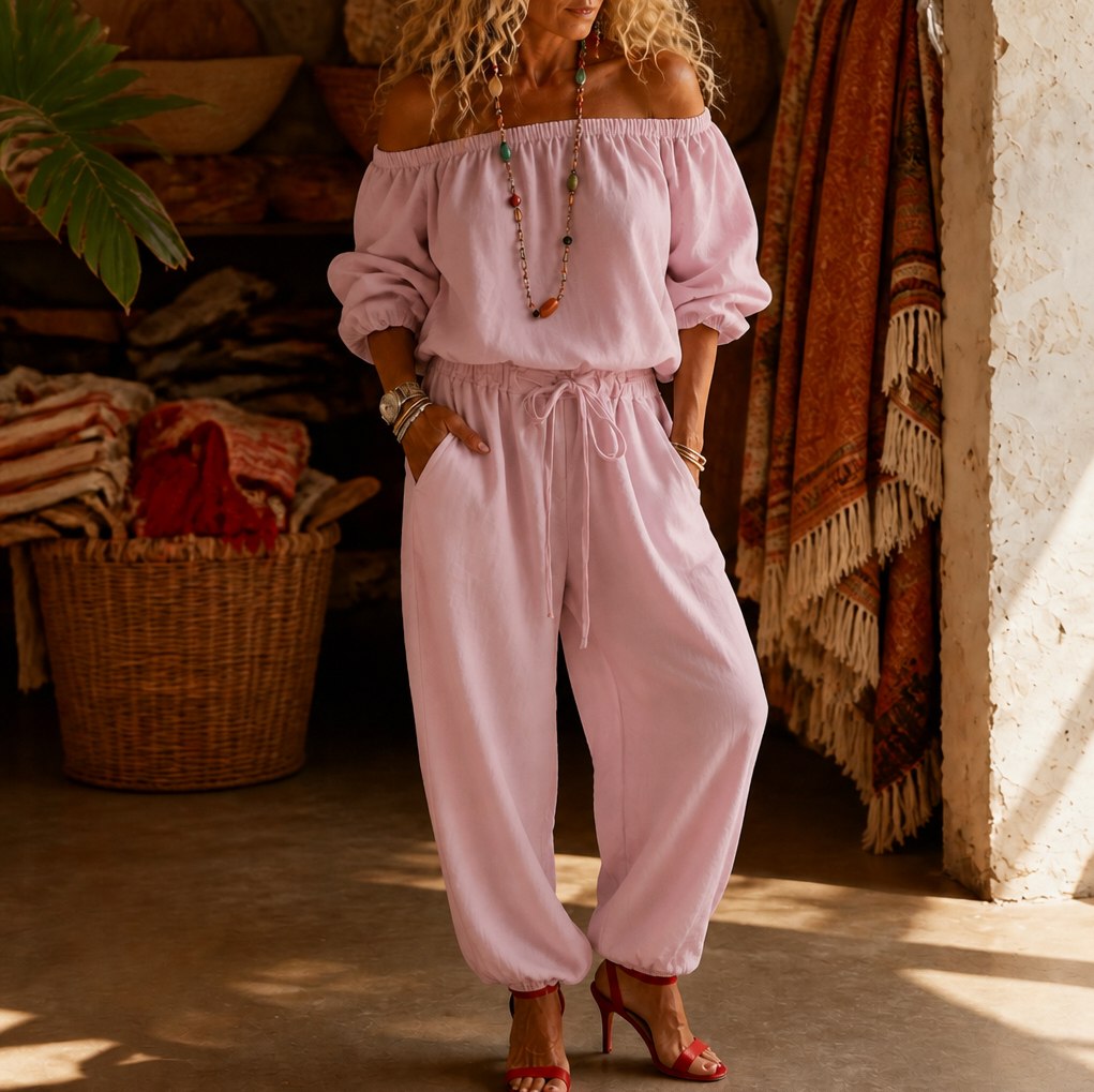Off Shoulder Puff Sleeve Jumpsuit