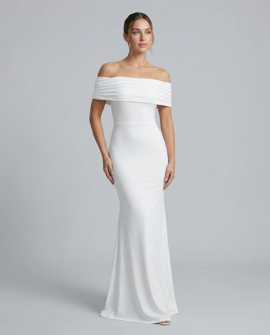 Off Shoulder Ruched Foldover Maxi Dress