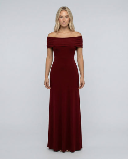 Off Shoulder Ruched Foldover Maxi Dress