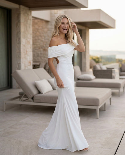 Off Shoulder Ruched Foldover Maxi Dress