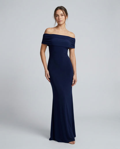 Off Shoulder Ruched Foldover Maxi Dress