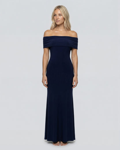 Off Shoulder Ruched Foldover Maxi Dress