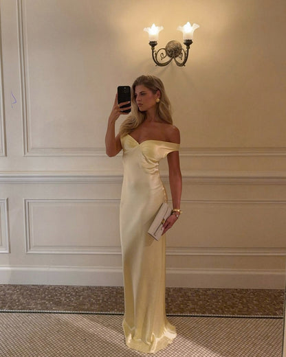 Satin Off Shoulder Sweetheart Maxi Dress