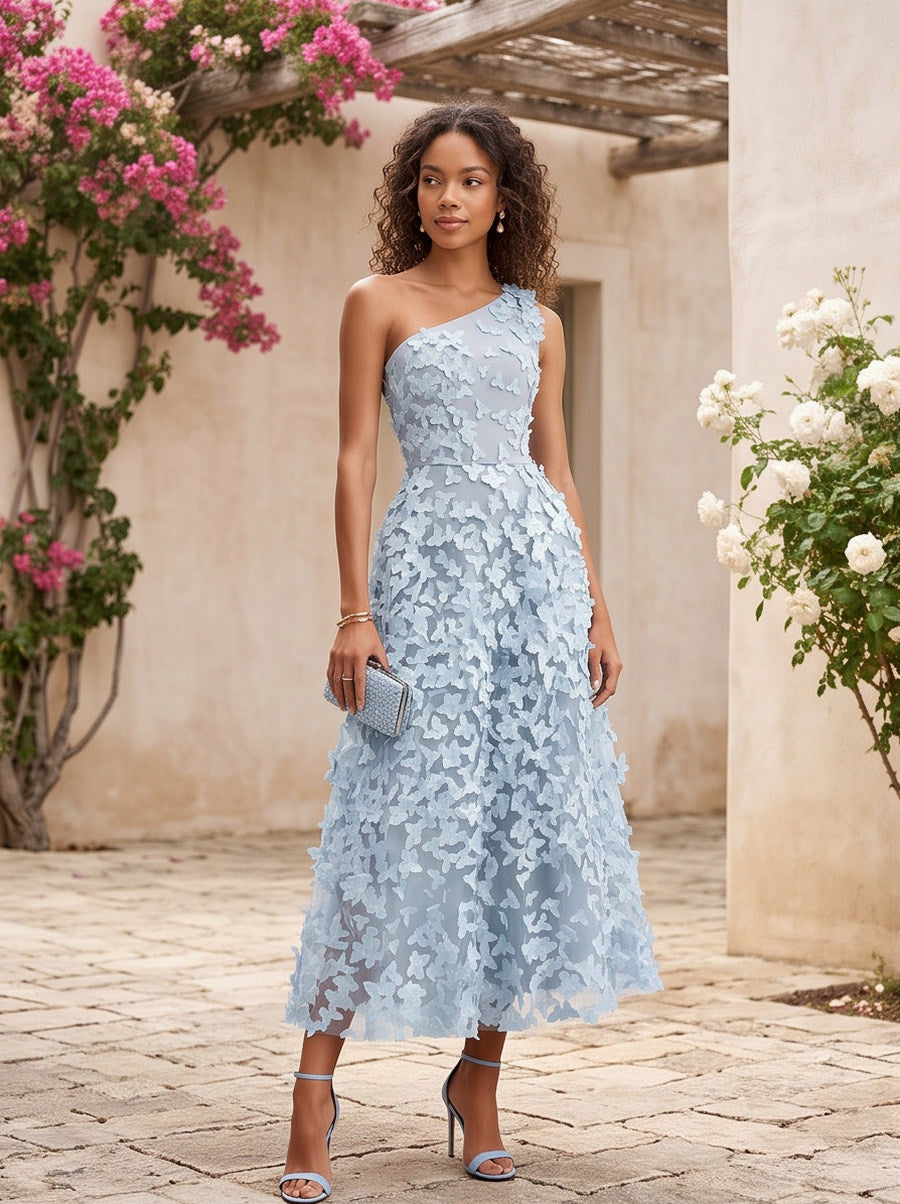 One Shoulder Applique Midi Dress