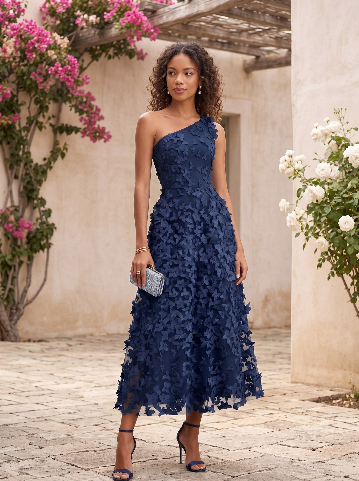One Shoulder Applique Midi Dress