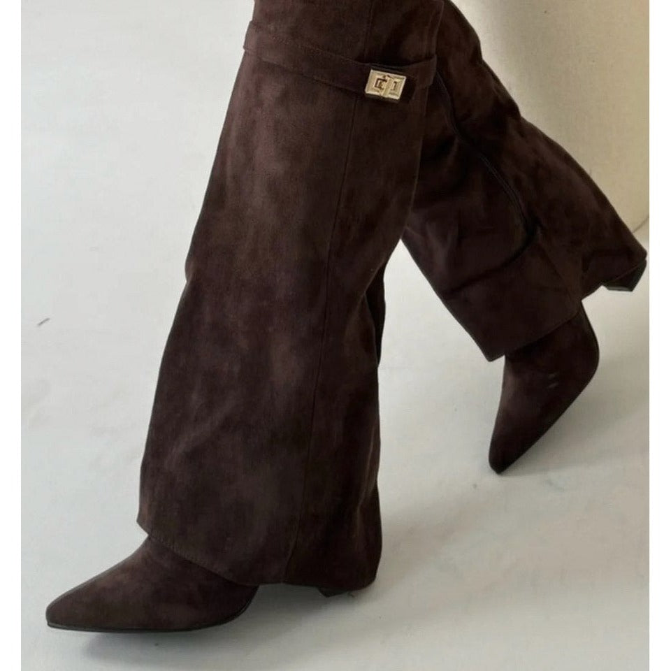 Suede Fold Over Knee High Boots