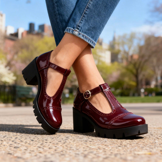 Patent Lug Sole T Strap Mary Janes