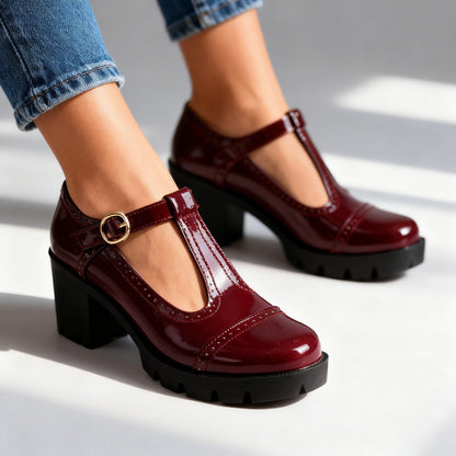 Patent Lug Sole T Strap Mary Janes