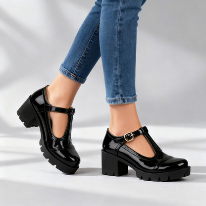 Patent Lug Sole T Strap Mary Janes