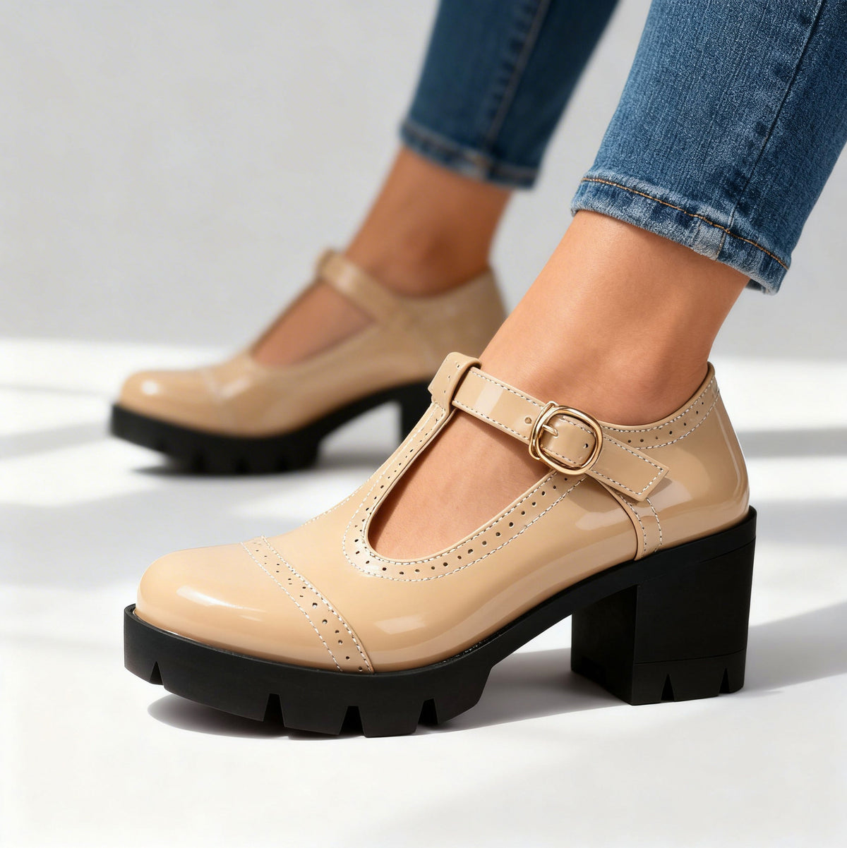 Patent Lug Sole T Strap Mary Janes