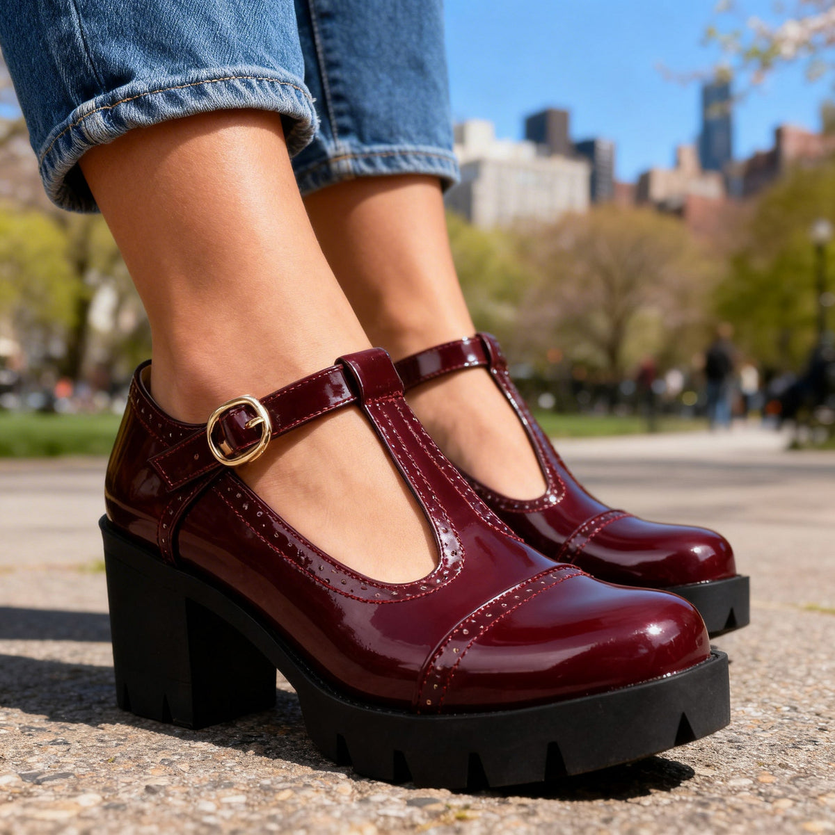 Patent Lug Sole T Strap Mary Janes