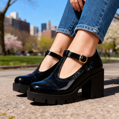 Patent Lug Sole T Strap Mary Janes