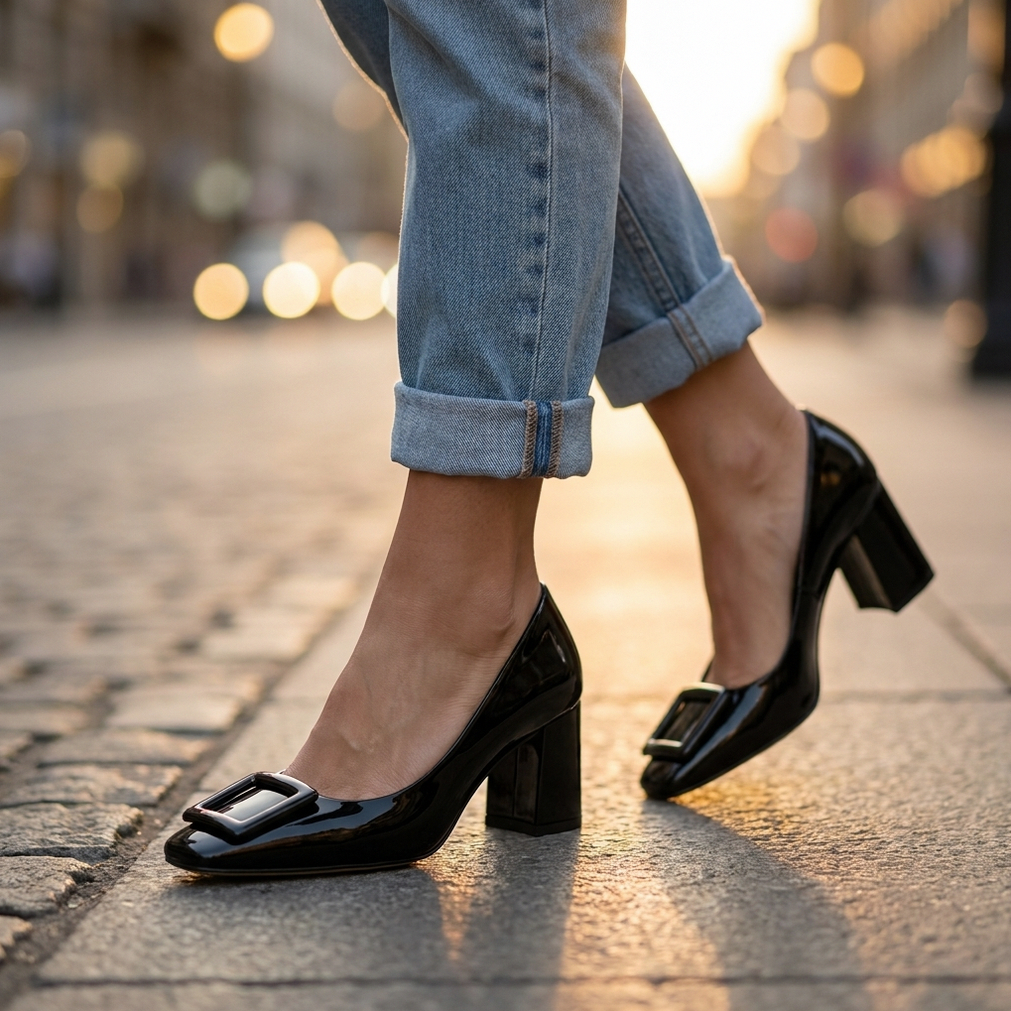 Patent Square Toe Block Heel Pumps
