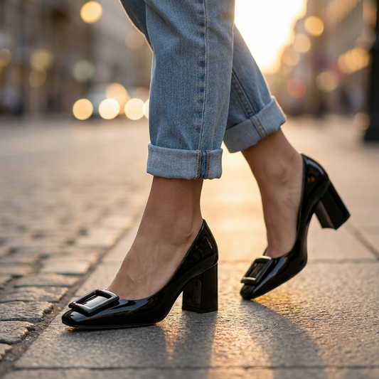 Patent Square Toe Block Heel Pumps
