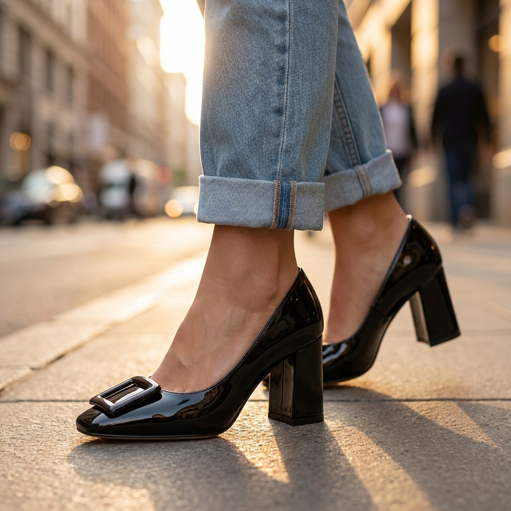 Patent Square Toe Block Heel Pumps