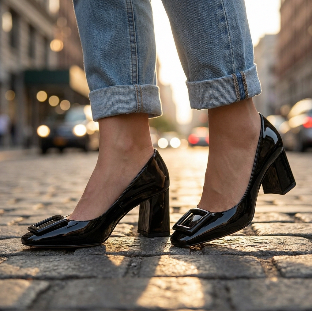 Patent Square Toe Block Heel Pumps