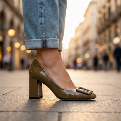 Patent Square Toe Block Heel Pumps