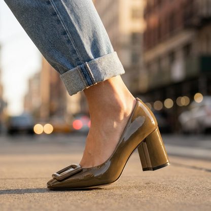 Patent Square Toe Block Heel Pumps