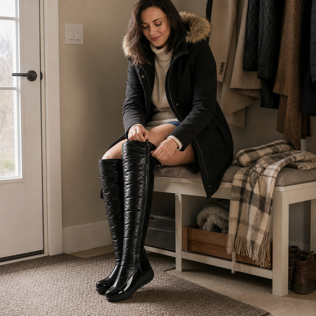Patent Wedge Knee High Boots