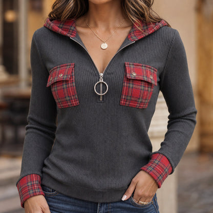 Plaid Trim Half Zip Sweater
