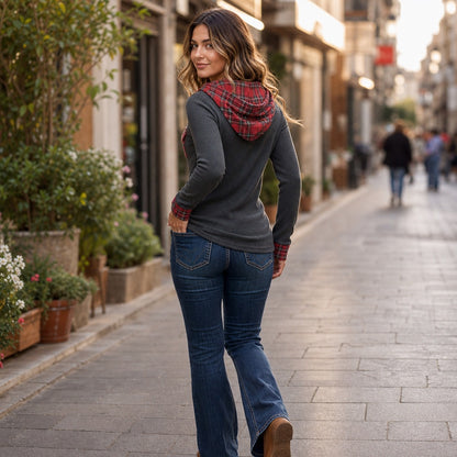 Plaid Trim Half Zip Sweater