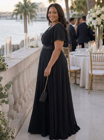 Pleated Flutter Sleeve Maxi Dress