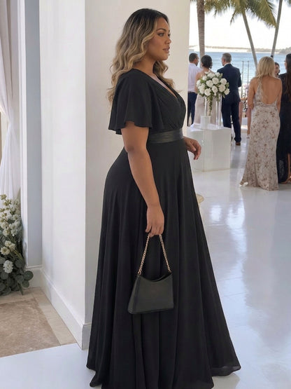 Pleated Flutter Sleeve Maxi Dress