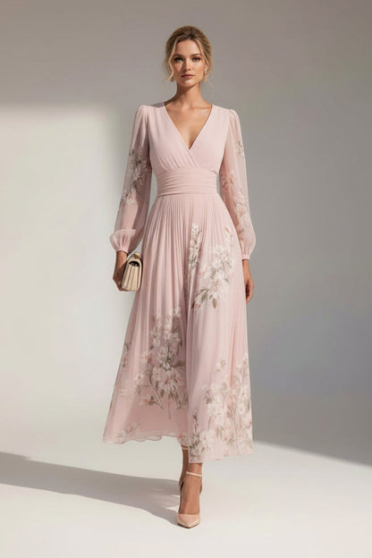 Pleated Long Sleeve Maxi Dress