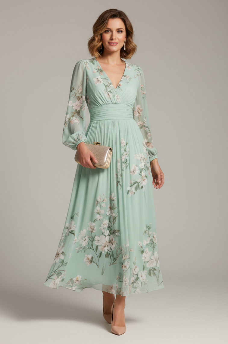 Pleated Long Sleeve Maxi Dress