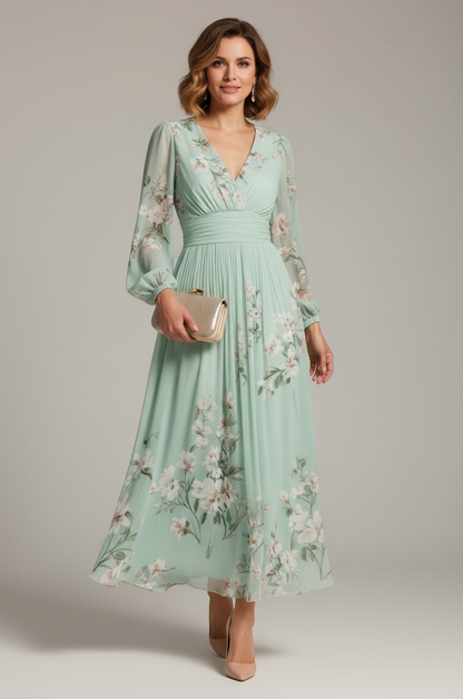 Pleated Long Sleeve Maxi Dress