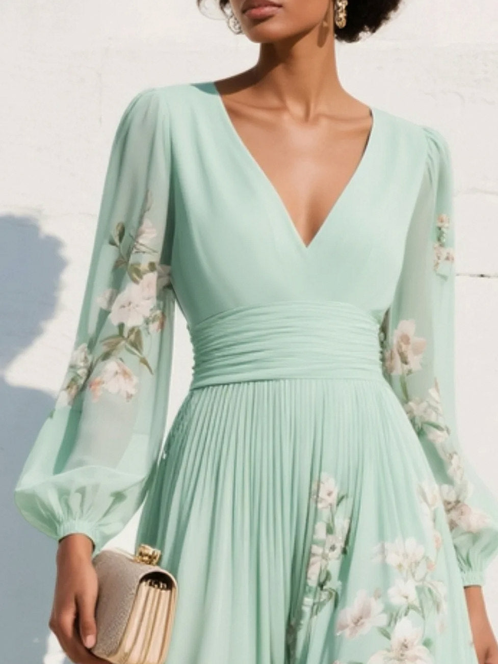 Pleated Long Sleeve Maxi Dress