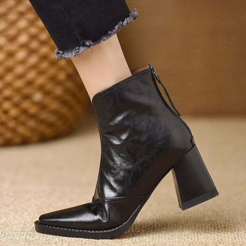 Pointed Toe Block Heel Ankle Boots