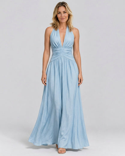 Poplin Halter Ruched Maxi Dress