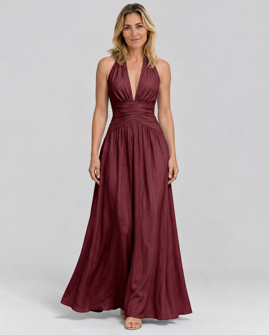 Poplin Halter Ruched Maxi Dress