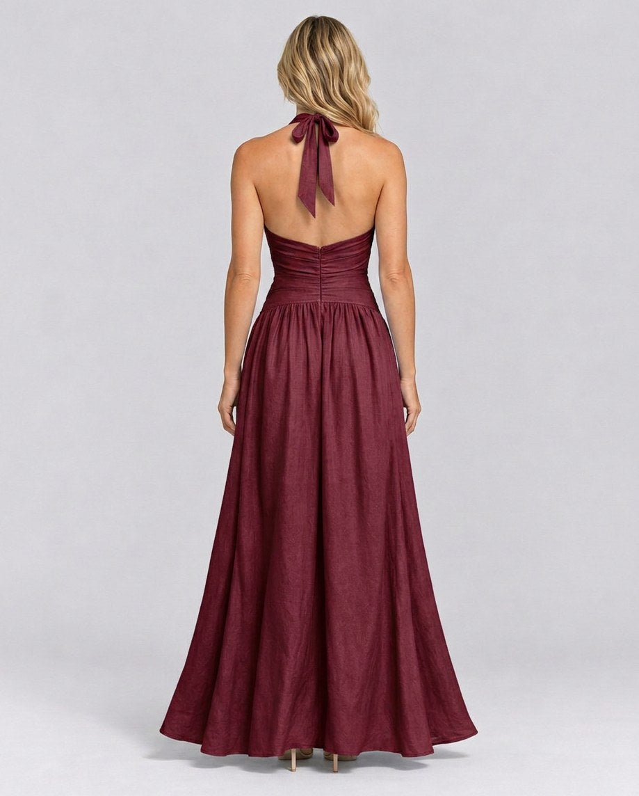 Poplin Halter Ruched Maxi Dress