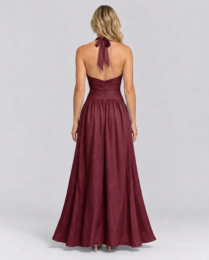 Poplin Halter Ruched Maxi Dress