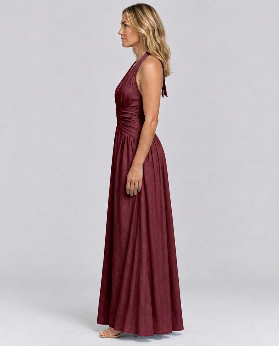 Poplin Halter Ruched Maxi Dress