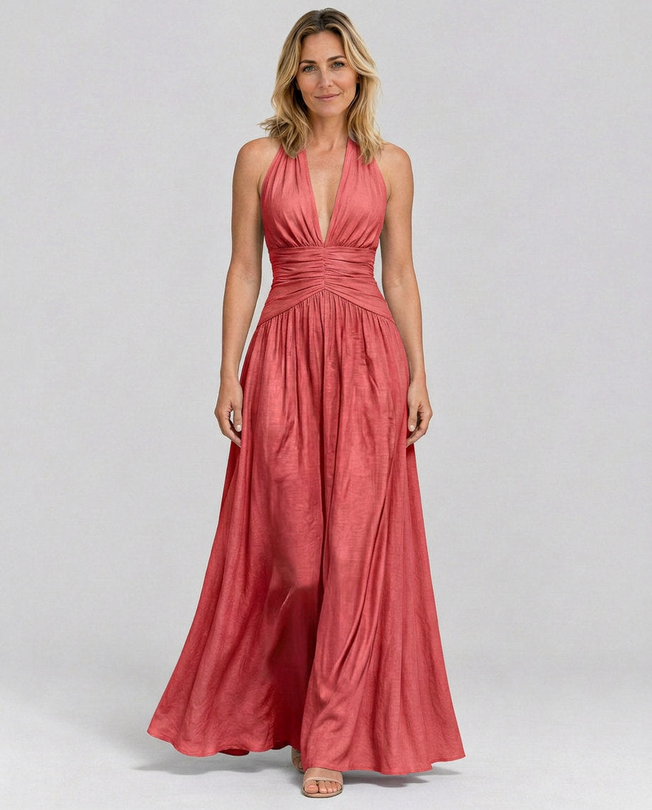 Poplin Halter Ruched Maxi Dress
