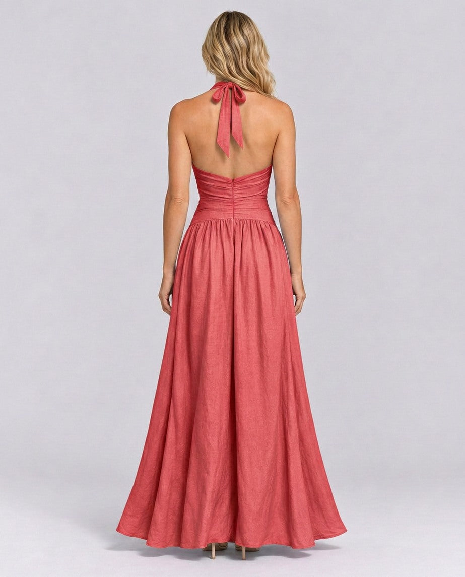 Poplin Halter Ruched Maxi Dress