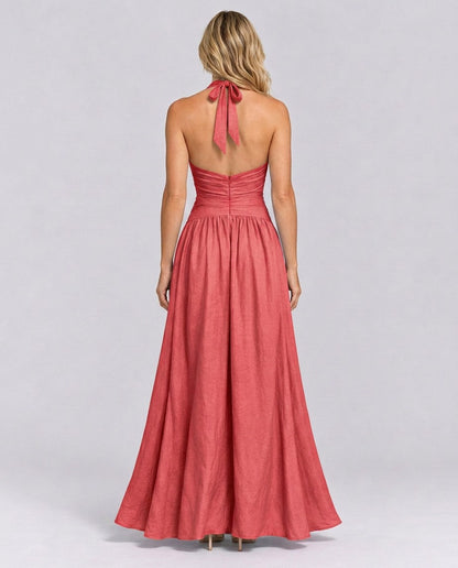 Poplin Halter Ruched Maxi Dress