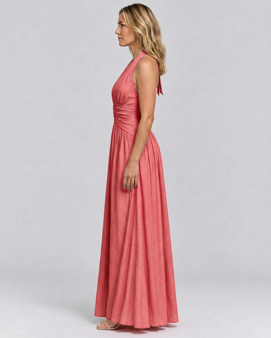 Poplin Halter Ruched Maxi Dress