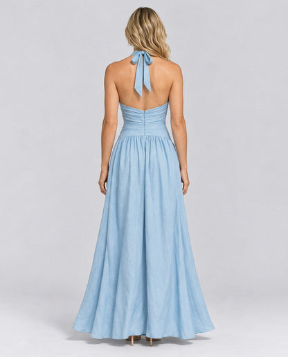 Poplin Halter Ruched Maxi Dress