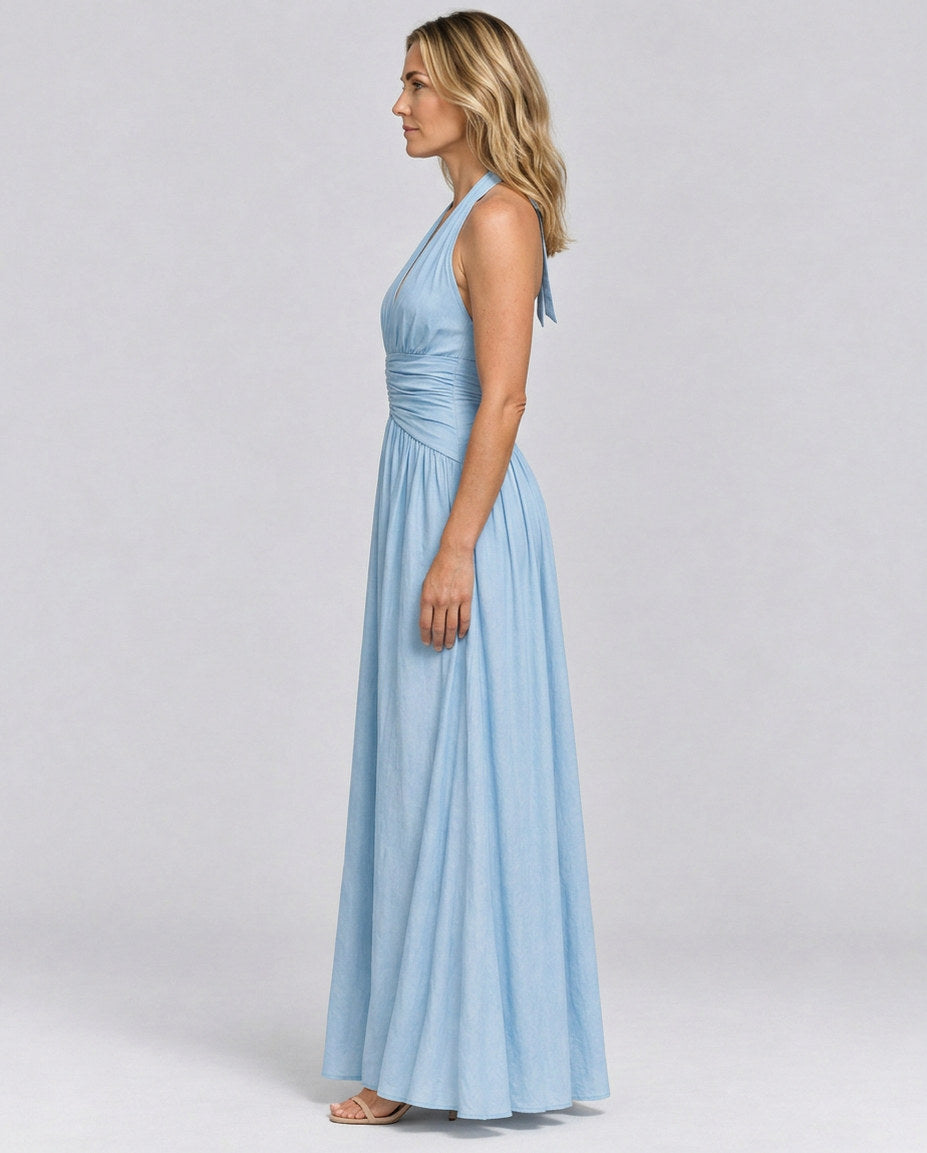 Poplin Halter Ruched Maxi Dress