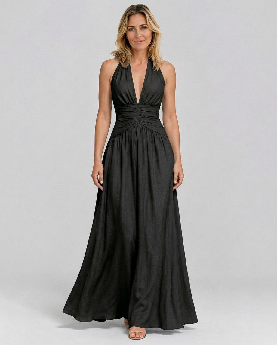 Poplin Halter Ruched Maxi Dress